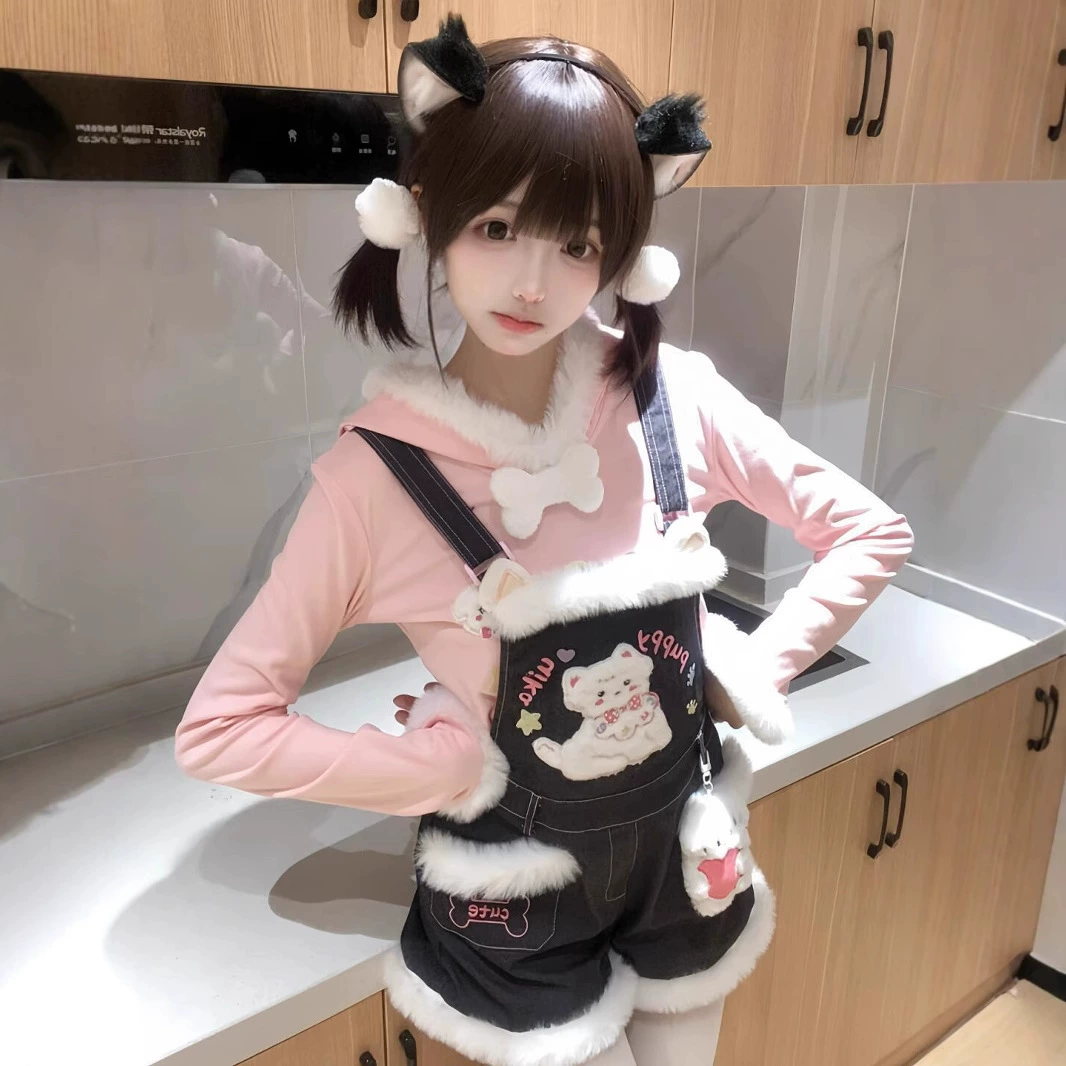 Новые зимние милые и милые шорты на подтяжках с принтом щенка, плюшевый короткий топ с капюшоном, комплект из двух предметов