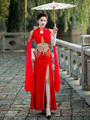 Red white lace Shows the Chinese dress atmosphere host clothing improvement of young classical host singers miss etiquette stage costumes