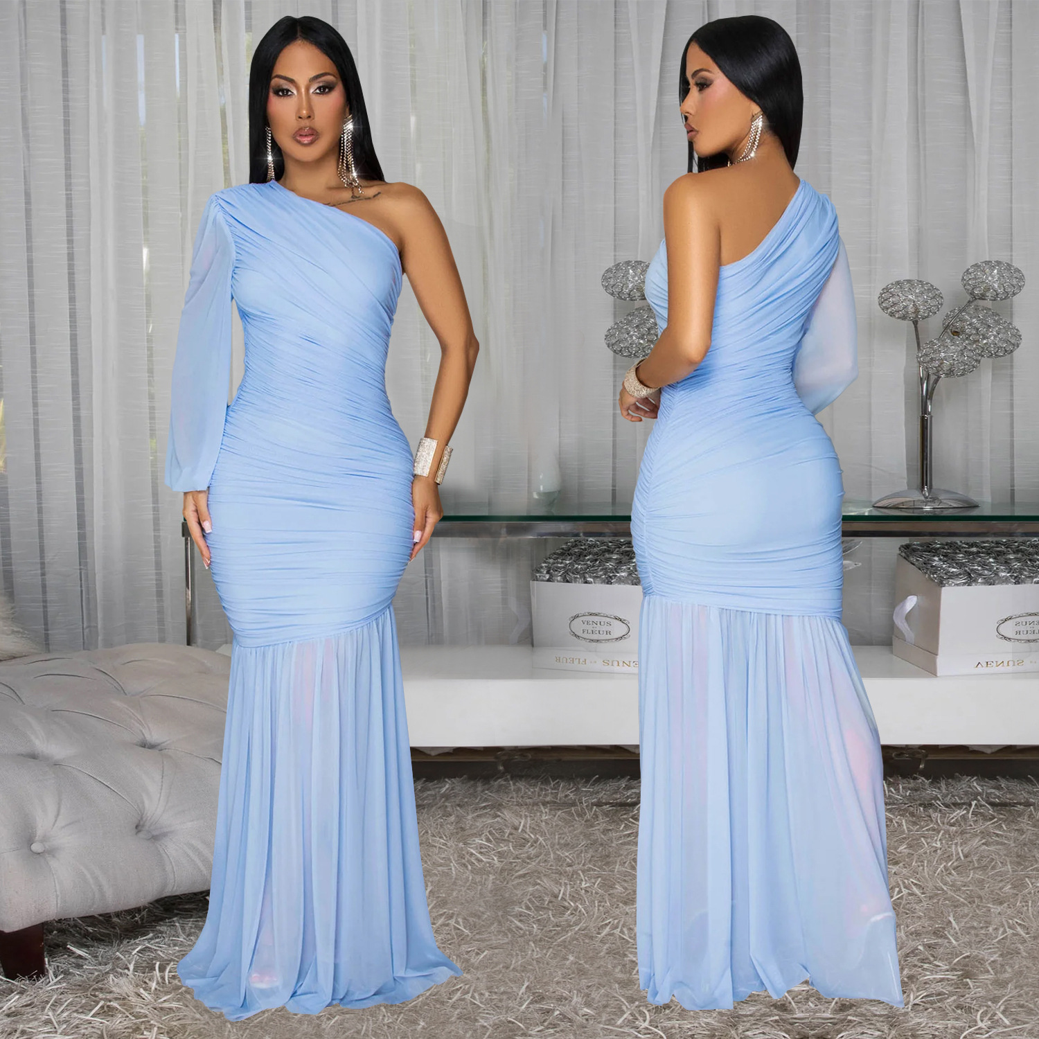 C7500 Aliexpress transfronterizo Amazon Europa y América moda de mujer sexy malla de hombro inclinado vestido de alta calidad nuevo