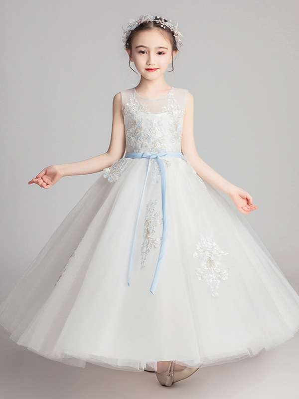 Vestido de princesa formal para niñas pequeñas, traje de actuación con ribetes de encaje, atuendo blanco largo para fiesta de cumpleaños infantil.