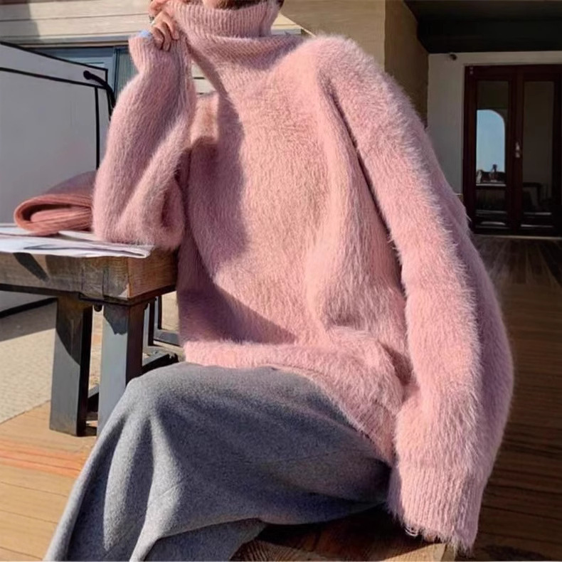 Weicher und gemütlicher Pullover mit hohem Halsausschnitt – flauschiger Strickpullover aus Nerzimitat für Damen, übergroße, lockere Passform, warmes Winter-Layering-Essential_voghion.com