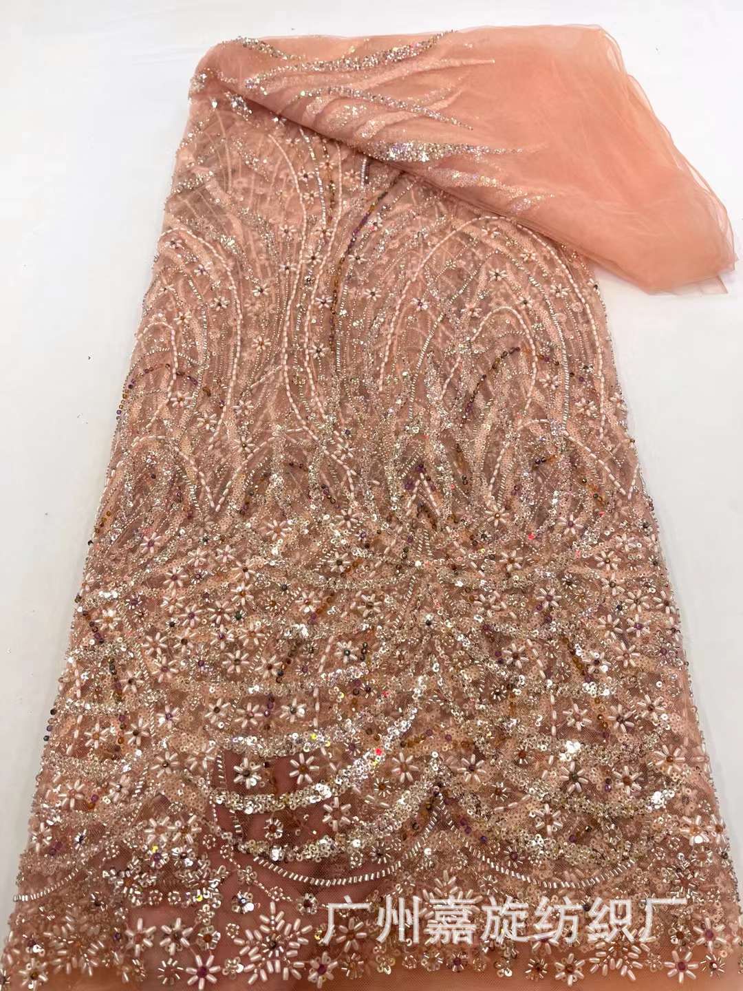 Vestido de novia francés industria pesada arroz cuentas lentejuelas encaje tela nupcial lentejuelas encaje tela J4003