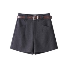 灰色毛呢短裤女2025新款秋冬季气质修身百搭通勤阔腿裤子加厚靴裤