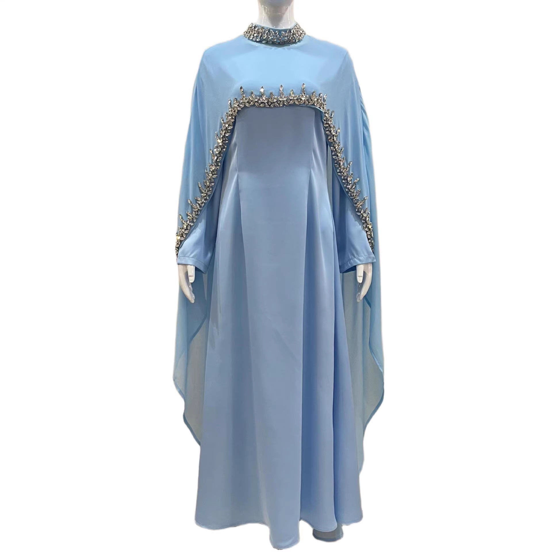 In-stock High-end Light Blue Diamond-embellished Cape Middle Eastern Dress Muslim Luxury Banquet Gown Arabian Robe_ecoleips.com