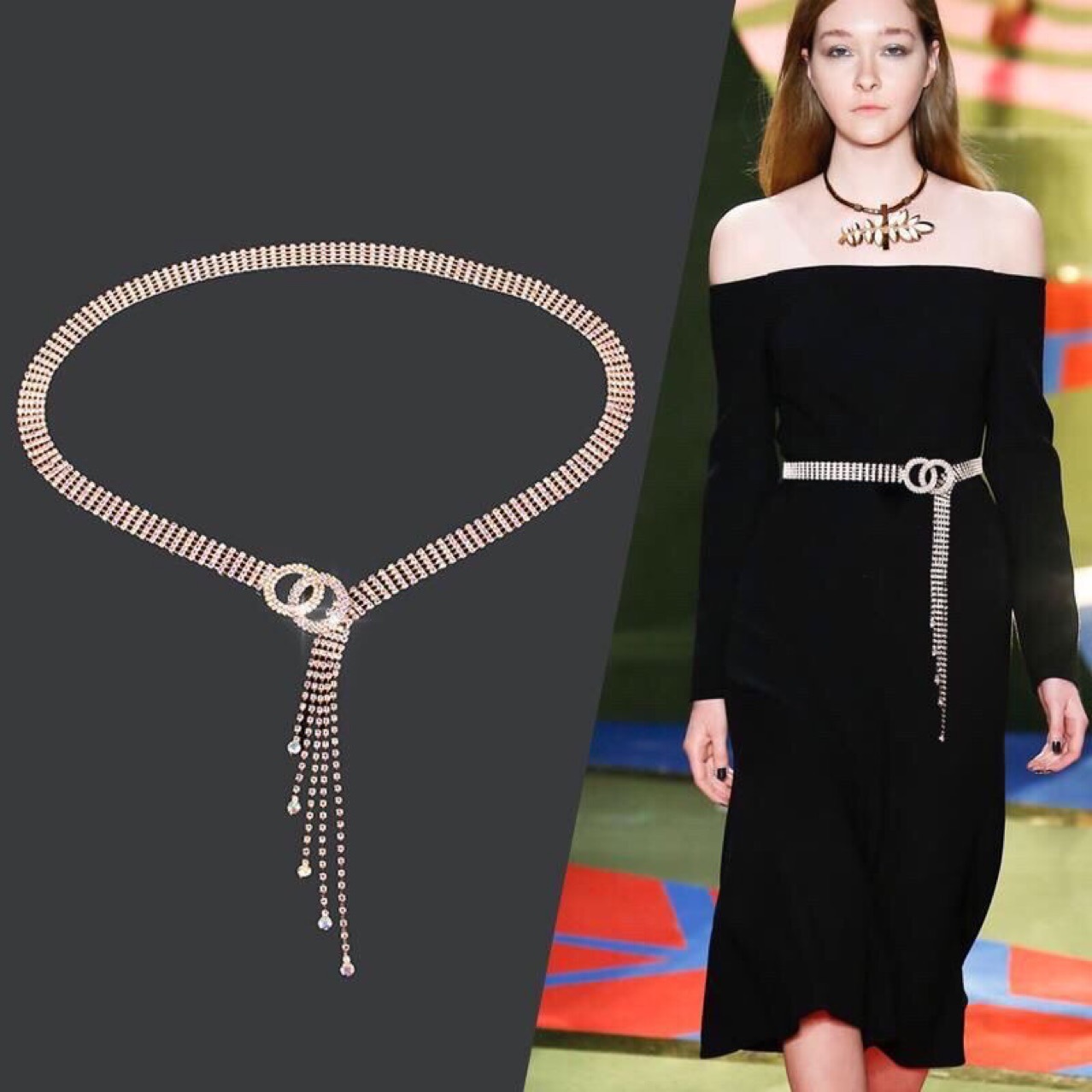 AliExpress Amazon europeo y americano transfronterizo caliente doble anillo rhinestone completo diamante cinturón Mujer Todo-Partido con incrustaciones borla cadena de la cintura