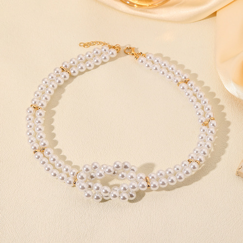 European and American cross-border fashion new cool style double-layer 8-word knot winding pearl necklace for women, factory direct sales