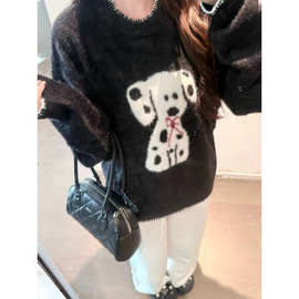 软糯宽松慵懒风斑点小狗圆领毛衣女2025新款复古气质松弛感针织衫