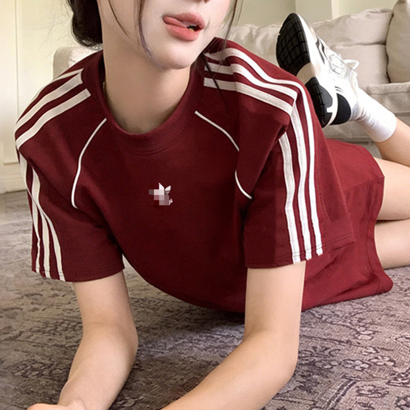 Adidas Same Style Trefoil Short-Sleeve Women's T-Shirt, New Summer Model, Wine Red, Loose Retro Half-Sleeve American-Style Cotton Top