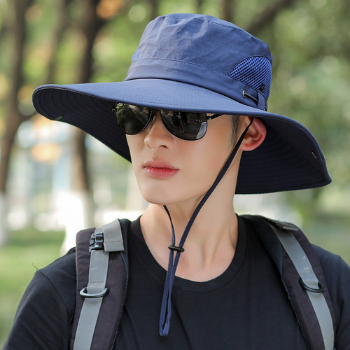 Wide-brimmed sun hat for men, summer outdoor fisherman's hat with tie, foldable and portable fishing sun hat, wholesale