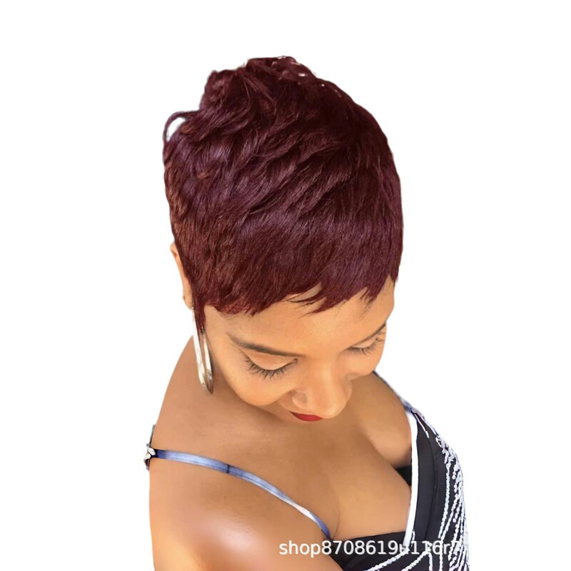 Black women real hair short hair wig short elf cut wig natural short hair (99j)