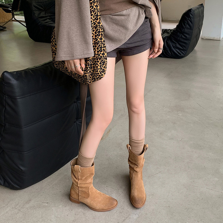 磨砂牛皮低跟短靴女秋冬瘦瘦靴中筒靴子女马丁靴堆堆靴西部牛仔靴|undefined