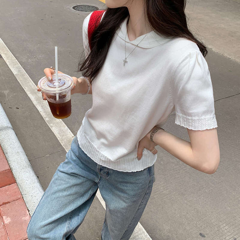 Korean Style Beautiful White Doll Collar Bubble Short-Sleeved T-Shirt for Women 2025 Summer New Single Top