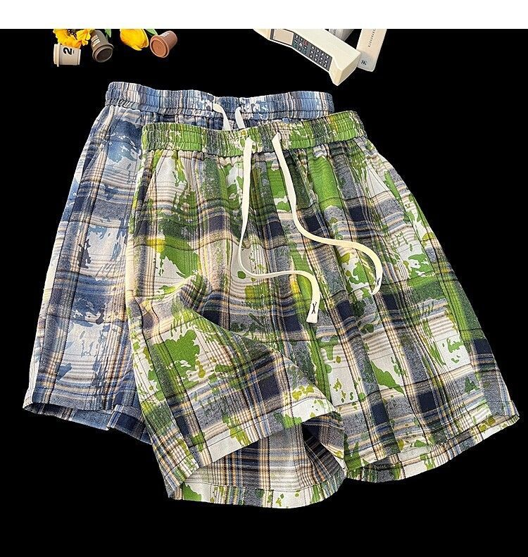 Men's And Women's Tie Dye Plaid High Waist Street Style Shorts Casual Retro Straight Five Point Beach Outerwear_viptrois.com