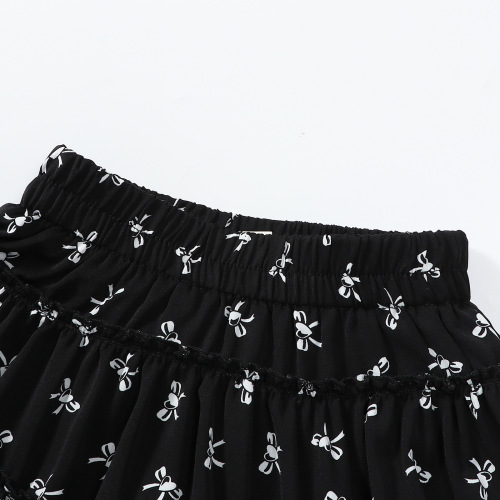 Girls' French Sweet Style Black Floral Skirt Ruffled Waistband Slimming Casual A-Line Short Skirt 