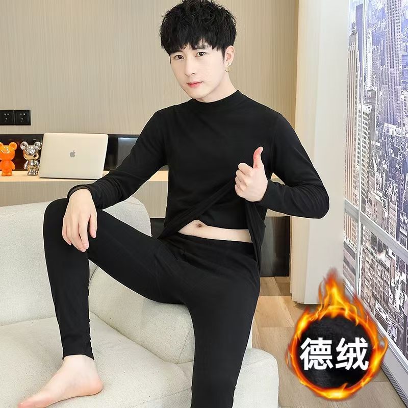 Men's Thermal Underwear Set with Thickened and Fleece-Lined Design for Autumn and Winter, Featuring Thermal and Cold-Resistant Base Layer Tops and Bottoms
