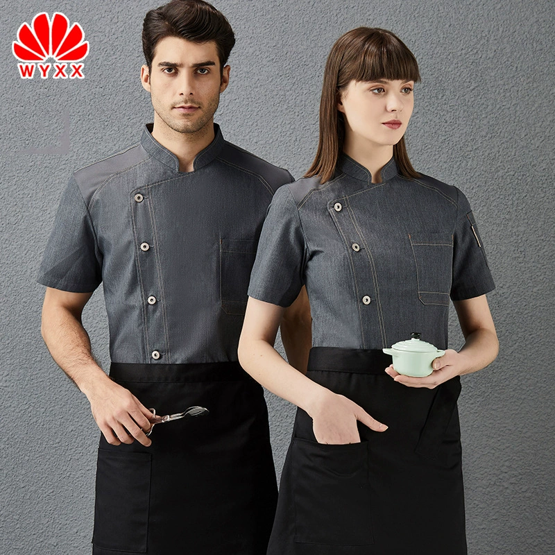 Гостиничный Кейтеринг Рабочая одежда шеф-повара Мужская тонкая задняя одежда с короткими рукавами для кухни Бейкер Шеф-повар Летняя дышащая джинсовая женская одежда