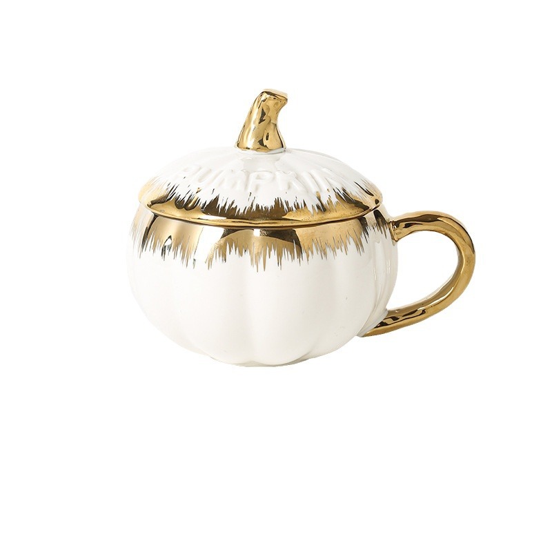 Taza de Cerámica Calabaza con Tapa y Cuchara, para Desayuno y Leche