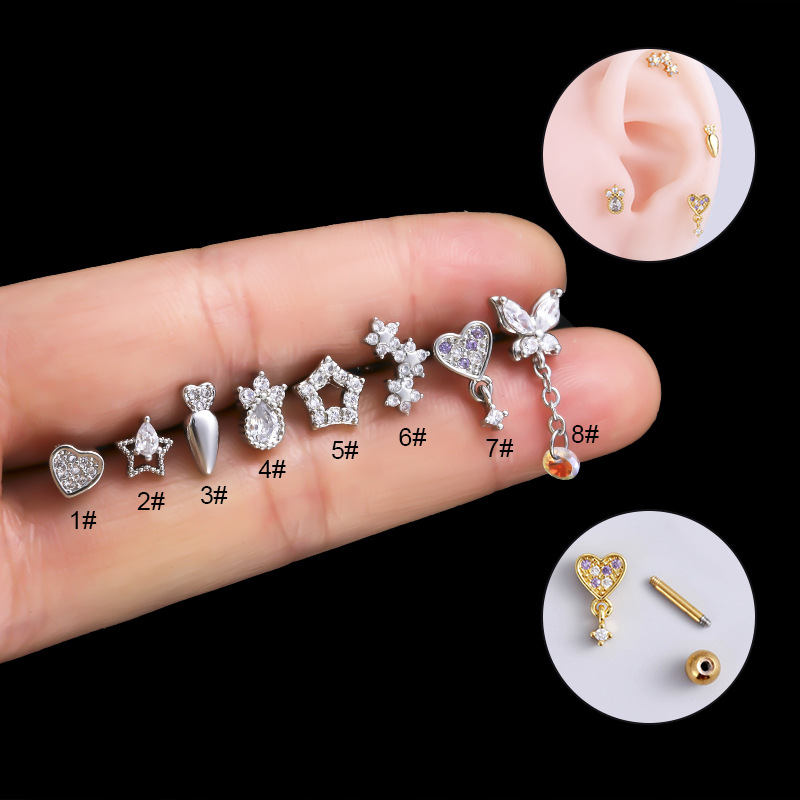 5g Weight 1 Piece 316L Stainless Steel Copper Zircon Ear Cartilage Rings & Studs Heart Shape Waterproof Non Tarnish Surgical Steel Women'S