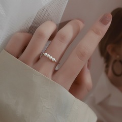 甜美珍珠戒指女韓版個性時尚氣質S925銀圓珠開口指環ins食指戒潮