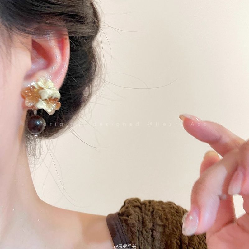 新中式复古晕染花朵耳环女秋冬高级感木质耳钉时尚港风氛围感耳饰|undefined