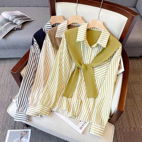 Fake two-piece vertical striped shirt for women spring new style women loose lapel chic long-sleeved shirt fashion