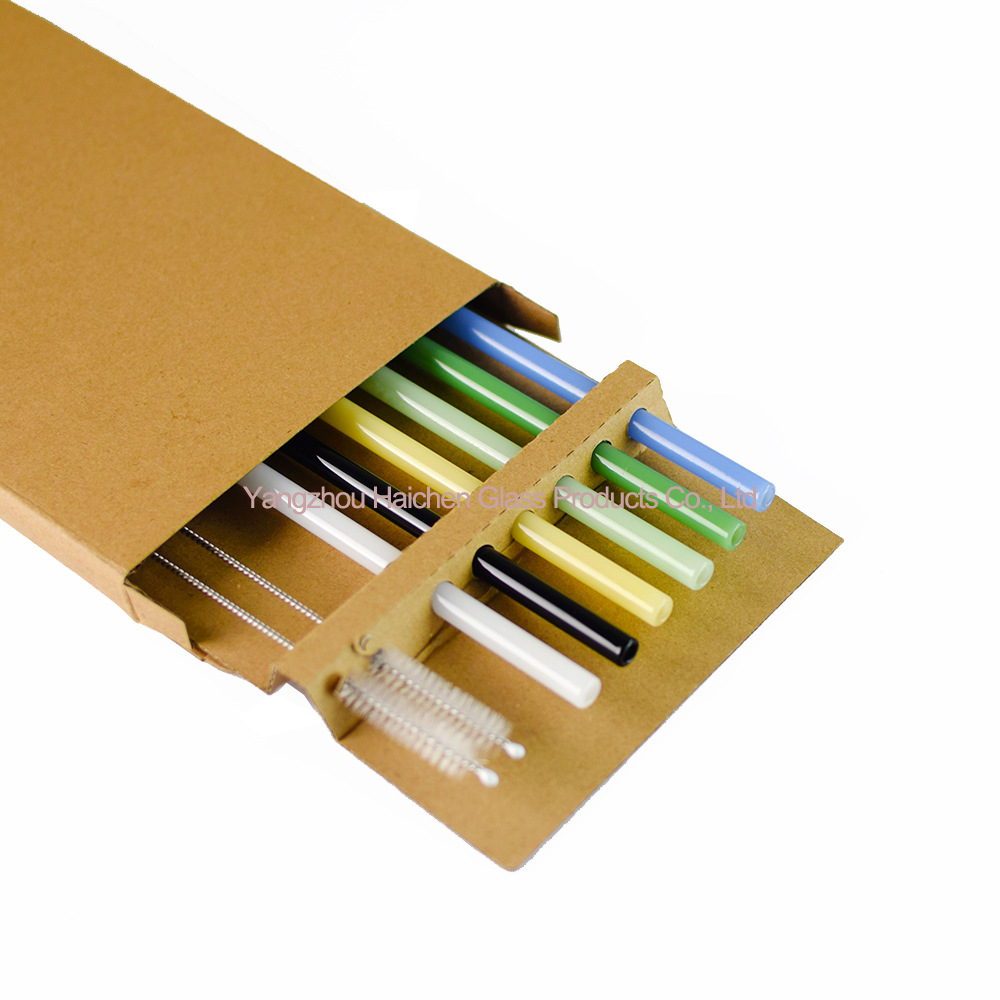 Amazon Venta caliente manchado traje de paja vidrio protección ambiental resistente al calor bebida leche codo 0,8*20cm6 tubo 2 Cepillos