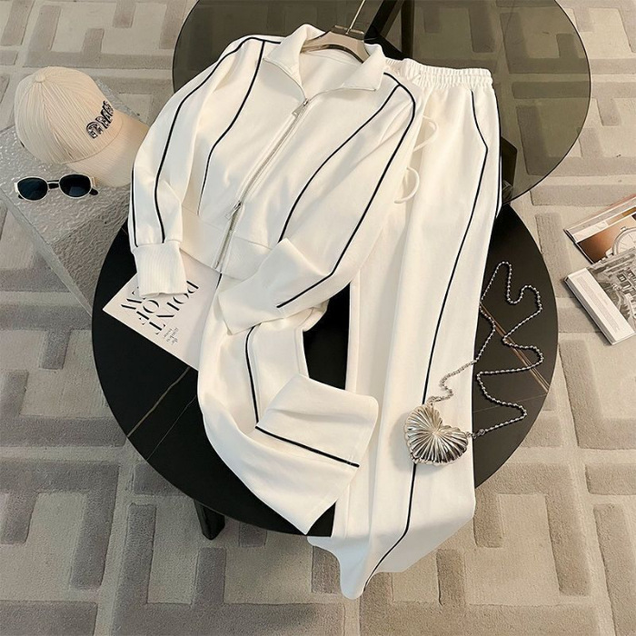 Autumn Trendy Street-Style Sports Suit for Women, Fashionable Casual Youthful Zip-Up Sweatshirt and Wide-Leg Pants Two-Piece Set in White