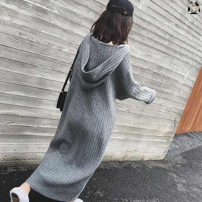 Autumn and Winter New Style Extended Over-The-Knee Hooded Loose Lazy Style Knitted Dress Vertical Stripes Slim Sweater Dress for Women Autumn and Winter New Style Extended Over-The-Knee Hooded Loose Lazy Style Knitted Dress Vertical Stripes Slim Sweater Dress for Women