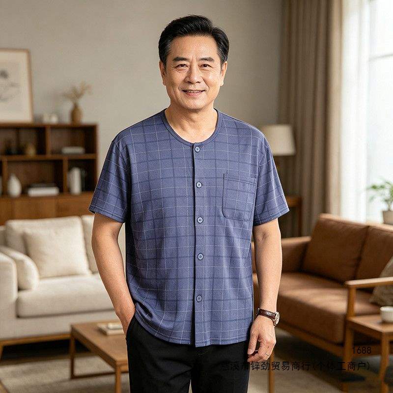 Men's cotton cardigan pajamas, loose fit, plus size, thin cotton casual home wear for middle-aged and elderly men, suitable for air conditioning.