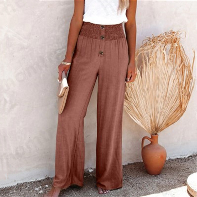 European and American Spring and Summer New Cross-border Women's Pants Solid Color Cotton and Linen Loose Loose Button Casual Wide Leg Women