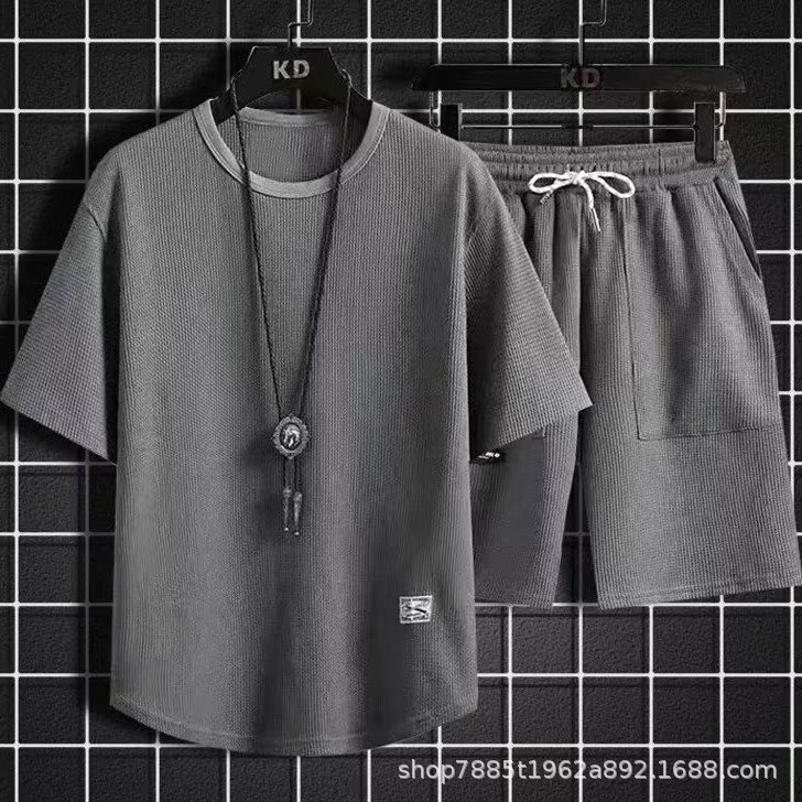 Waffles Casual Sports suit 2025 Summer High Street Fashion Loose Short Sleeve Shorts Men's Casual suit