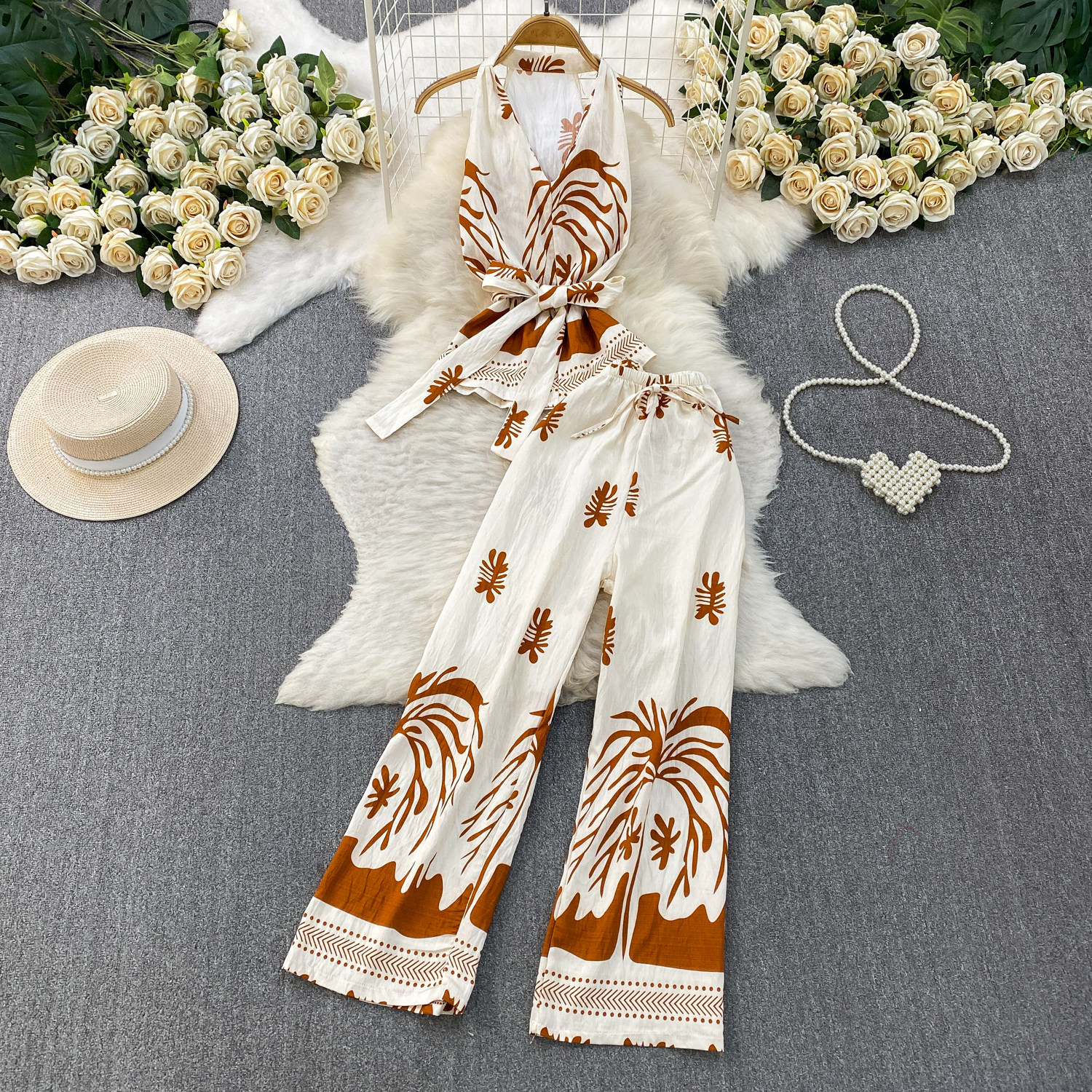 French-Inspired Sleeveless Top & High-Waisted Wide-Leg Pants Two-Piece Set, Floral Print Casual Outfit_ecoleips.com