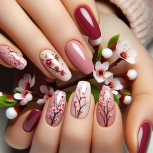 Cross-border best selling new relief three-dimensional two-color purple powder plum blossom bud long ballet wearing armor foreign trade nail art 24 pieces