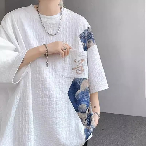 Mandarin Collage T-Shirt for Men - Summer Thin Short Sleeve with Bear Embroidery, 7/8 Sleeve, Round Neck Youth T-Shirt, Trendy Brand