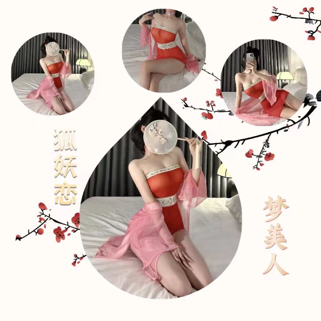 Sexy Lingerie Costume Set with Mesh Fabric, Red Stockings and White Ears — detail image 5