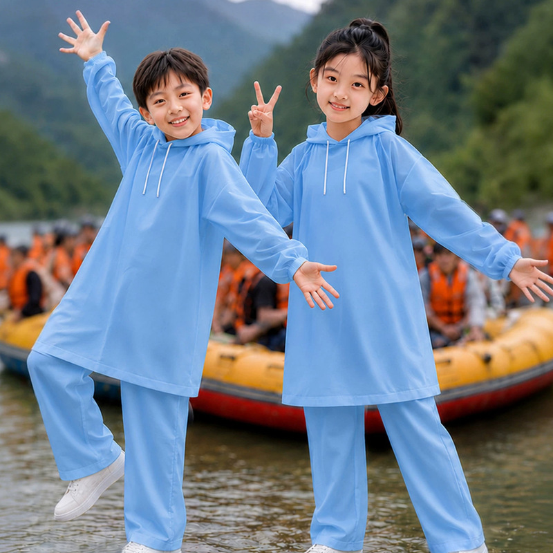 2026 new product: specialized raincoat for rafting, one-piece disposable children's model, thickened hoodie style, two-piece rain pants set