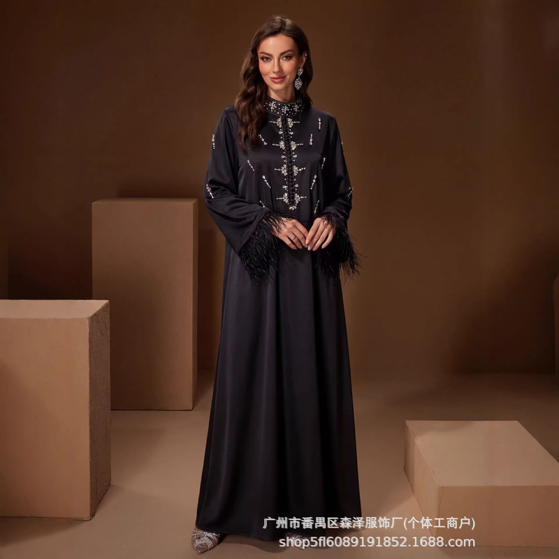 2026 New Luxury Handmade Rhinestone Feather Cuff Gown Long Dress with Stand Collar and Hand-Embellished Rhinestone Large Hem Dress 2026 New Luxury Handmade Rhinestone Feather Cuff Gown Long Dress with Stand Collar and Hand-Embellished Rhinestone Large Hem Dress
