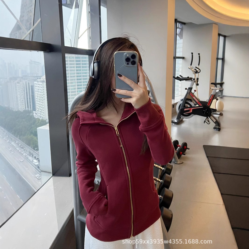 Lulu Scuba Luxury Hot Wine Red Hooded Slim-fit Sweatshirt Autumn and Winter fleece-lined Sports Long-sleeved Jacket for Women