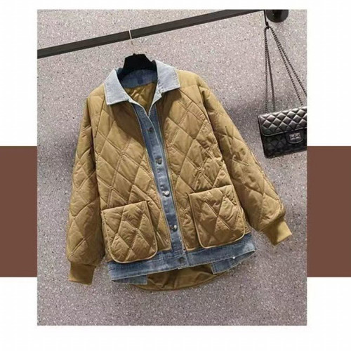 Design Women's Loose Fleece Jacket with Denim Patchwork and Herringbone Pattern, Stylish Outerwear for 2025 Autumn/Winter, Plus Size