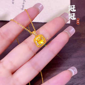 新中式超闪点钻小方糖吊坠项链黄铜镀金高级百搭女轻奢锁骨链配件