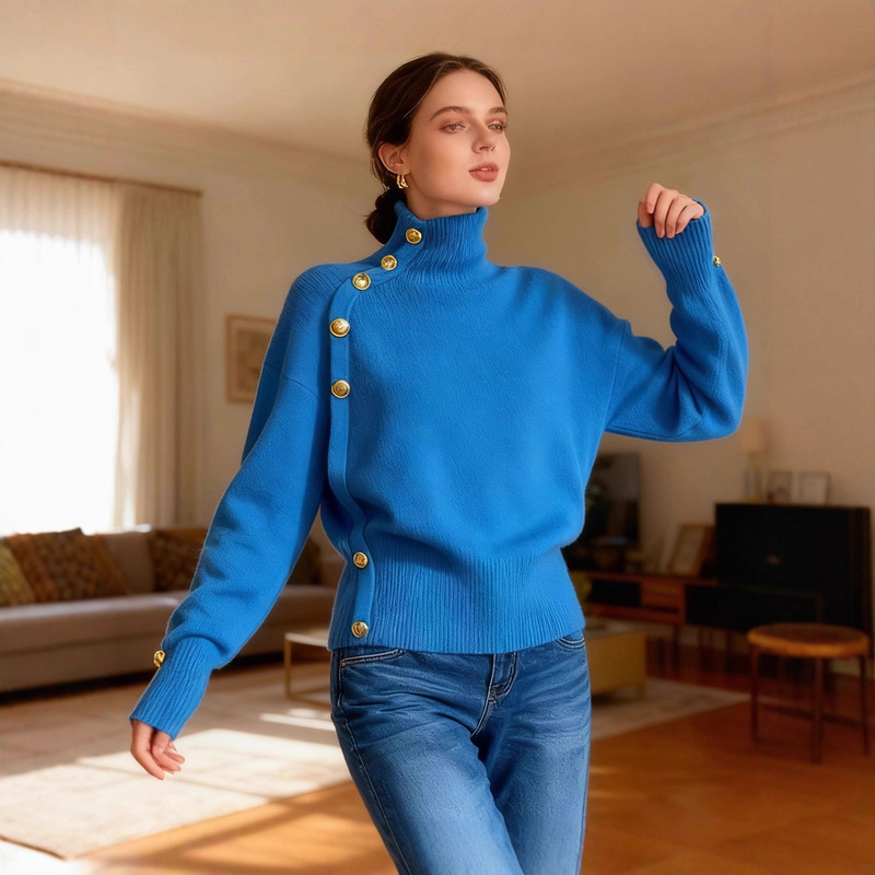 2025 European and American Cross-Border Women's Clothing Autumn and Winter New Models Aliexpress Amazon Temu Hot-Selling Decorative Button Turtleneck Sweater 2025 European and American Cross-Border Women's Clothing Autumn and Winter New Models Aliexpress Amazon Temu Hot-Selling Decorative Button Turtleneck Sweater