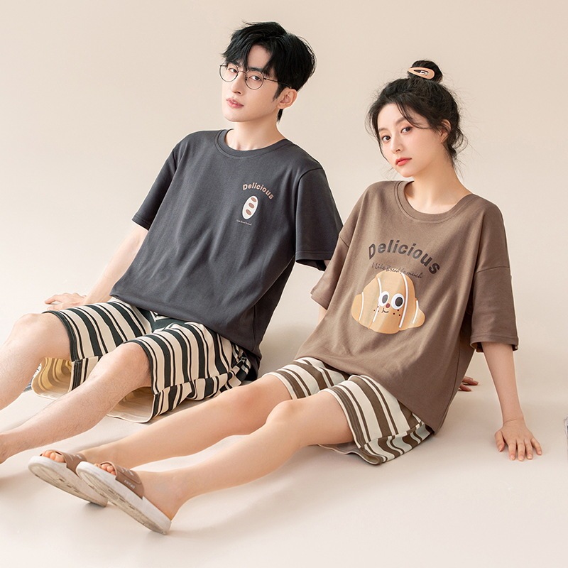 [Antibacterial] Couple Pajamas Summer Pure Cotton Men's and Women's Short-Sleeved Cute Cartoon Casual Wearable Home Clothes Set