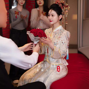 2025 New Light Blue Xiuhe Suit, New Chinese Style Bridal Dress, Classy Petite Wedding Toast Suit, Wedding Suit