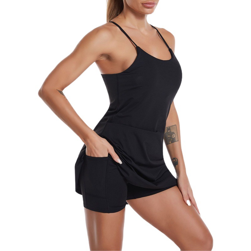 2024 Cross-Border Popular Yoga Wear Multi-Functional Fake Two-Piece Sports Dress Solid Color All-In-One Volleyball Tennis Skirt