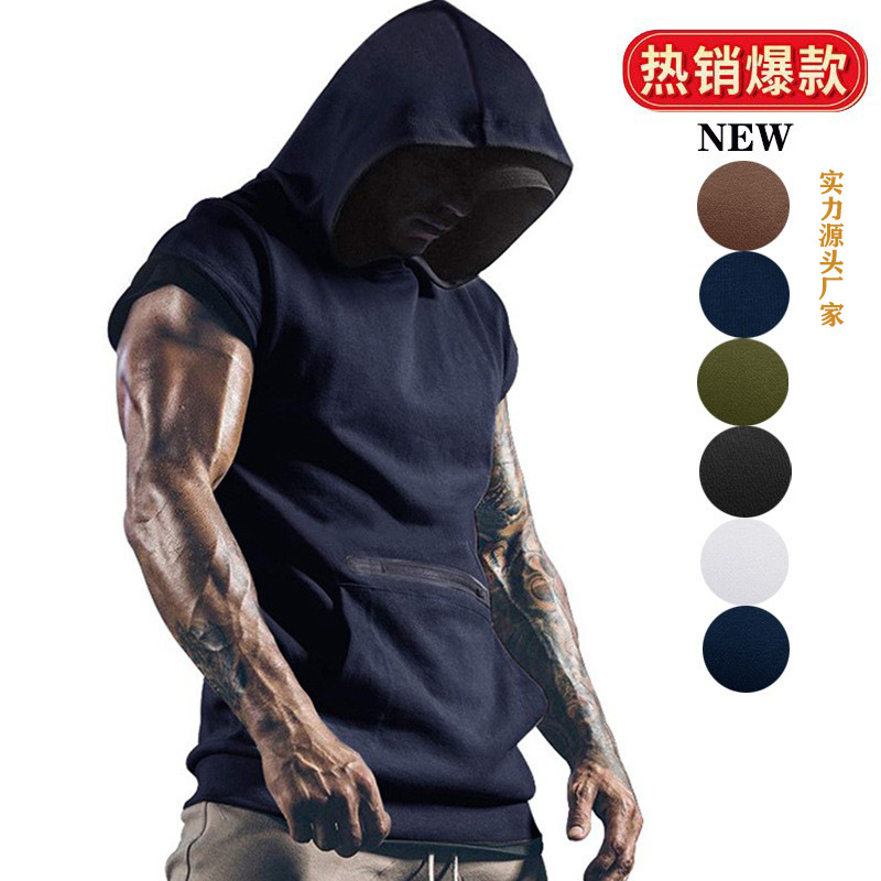 Cross-Border Summer Export Men's Sleeveless Hooded Sports Fitness Outdoor Vest American Zipper Men's Sweatshirt
