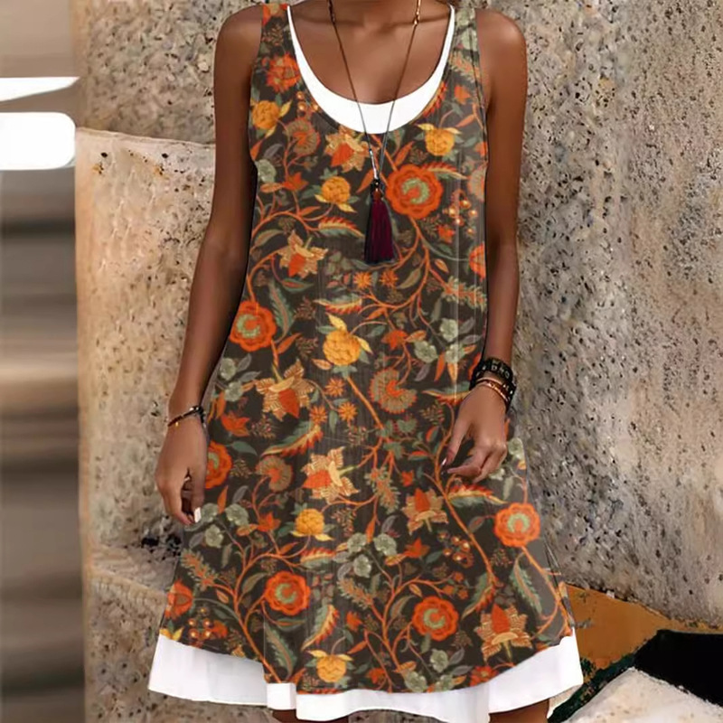 2024 New dress Bohemian Style Fake Two-piece Loose Casual Vest Dress 3D Printed Floral Dress