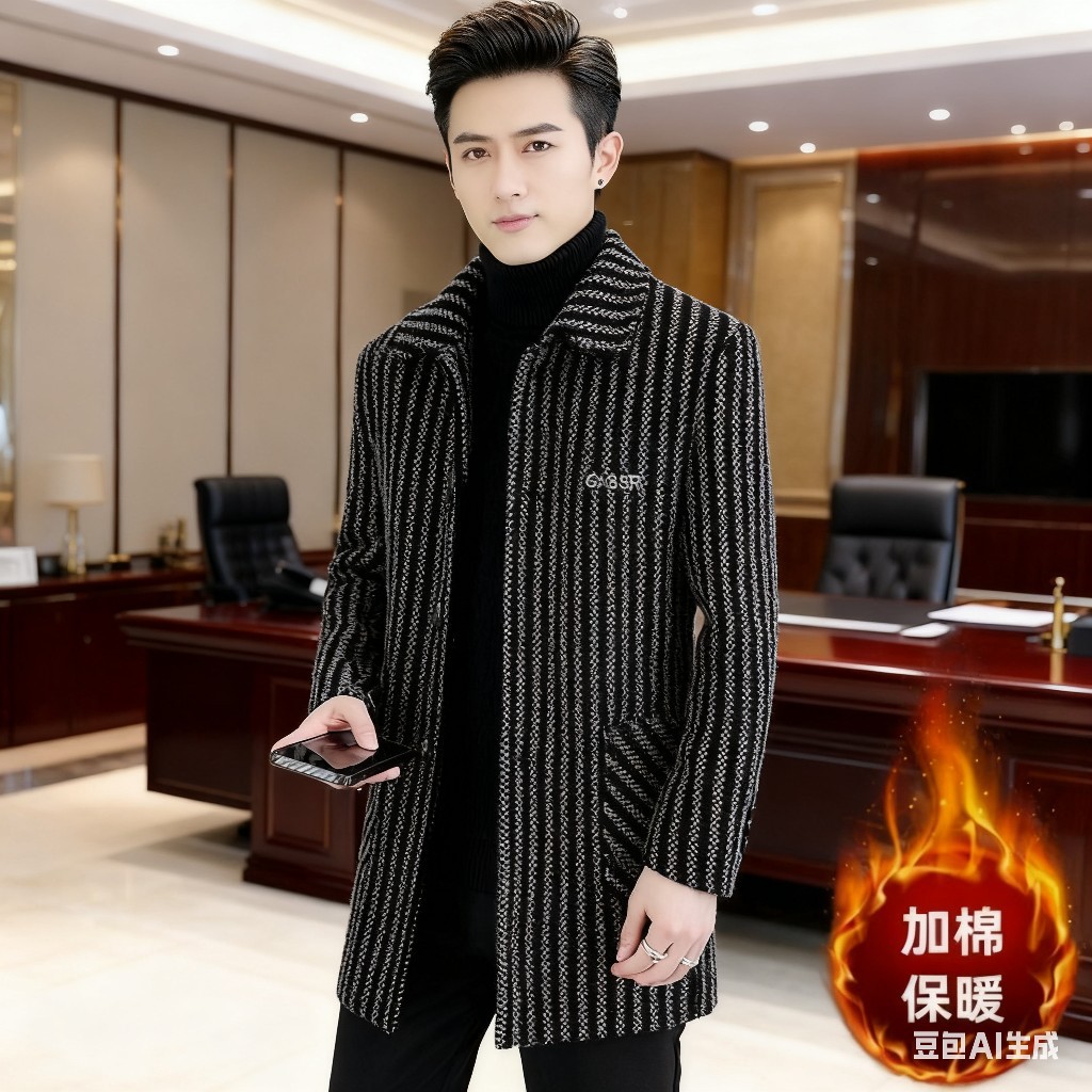 Autumn Woolen Fleece-Lined Warm Men's Mid-Length Fashionable Woolen Coat Thickeneded Lapel Stripesd Handsome Versatile Windbreaker
