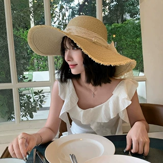 大帽檐蝴蝶结珍珠草帽女款夏季海边沙滩遮阳防晒帽度假太阳帽子潮