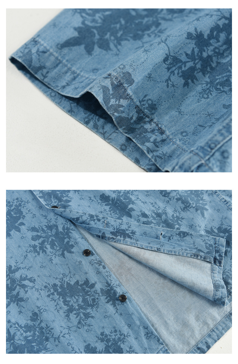 Camicia uomo in jeans con stampa floreale e collo cubano_voghion.com
