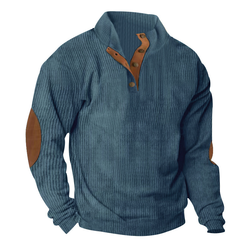 Camicia a maniche lunghe in velluto a coste con patchwork a tinta unita, stile retrò casual, taglie forti, per il commercio estero europeo e americano._voghion.com